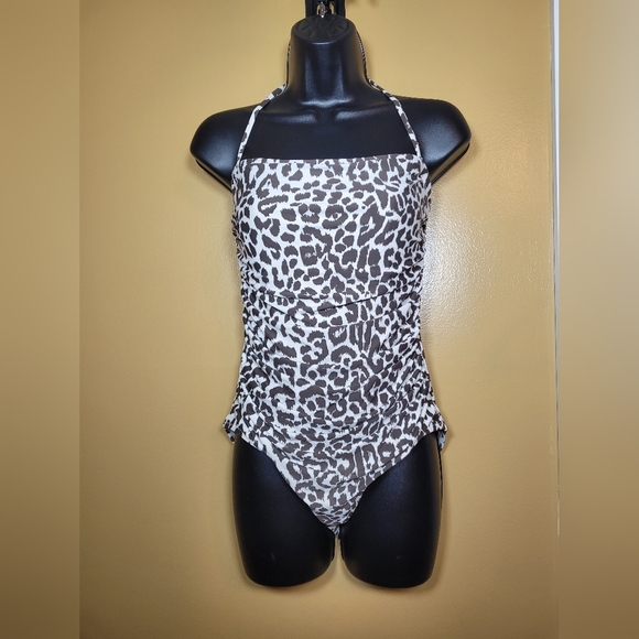 J. Crew Ruched Leopard Print Bandeau One Piece Swim Suit sz 10 - Picture 1 of 16